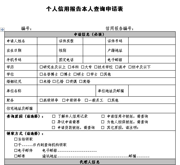 个人信用报告本人查询申请表